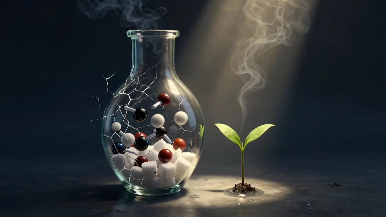 Human body as cracked glass vessel leaking chemicals, with a small plant growing at the base under a single light beam.