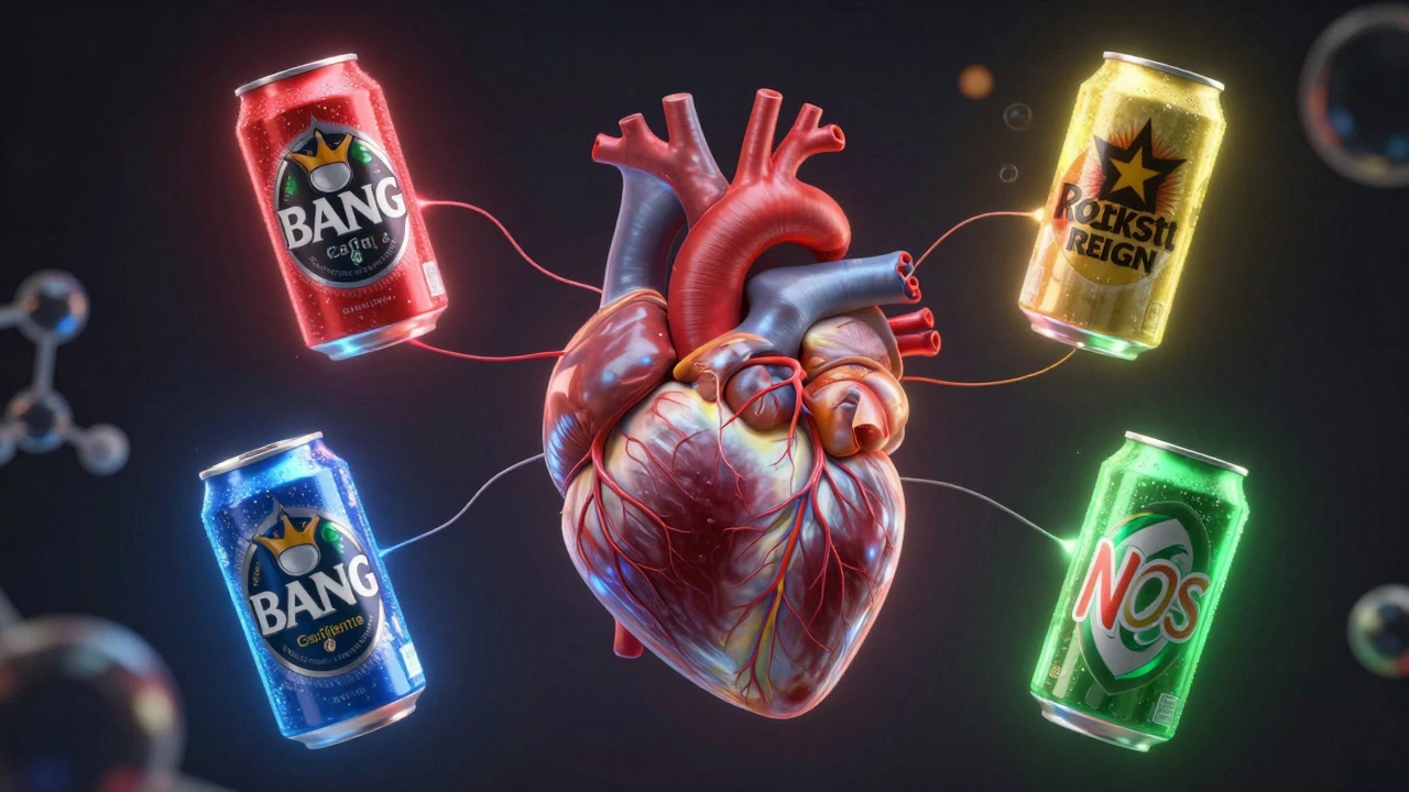 Human heart surrounded by four floating energy drink cans emitting colored auras representing caffeine levels.