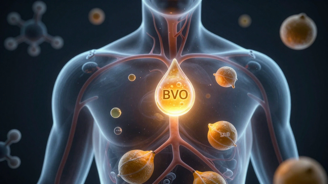 Human torso with citrus oils in bloodstream, one labeled BVO glowing dangerously among safe alternatives.