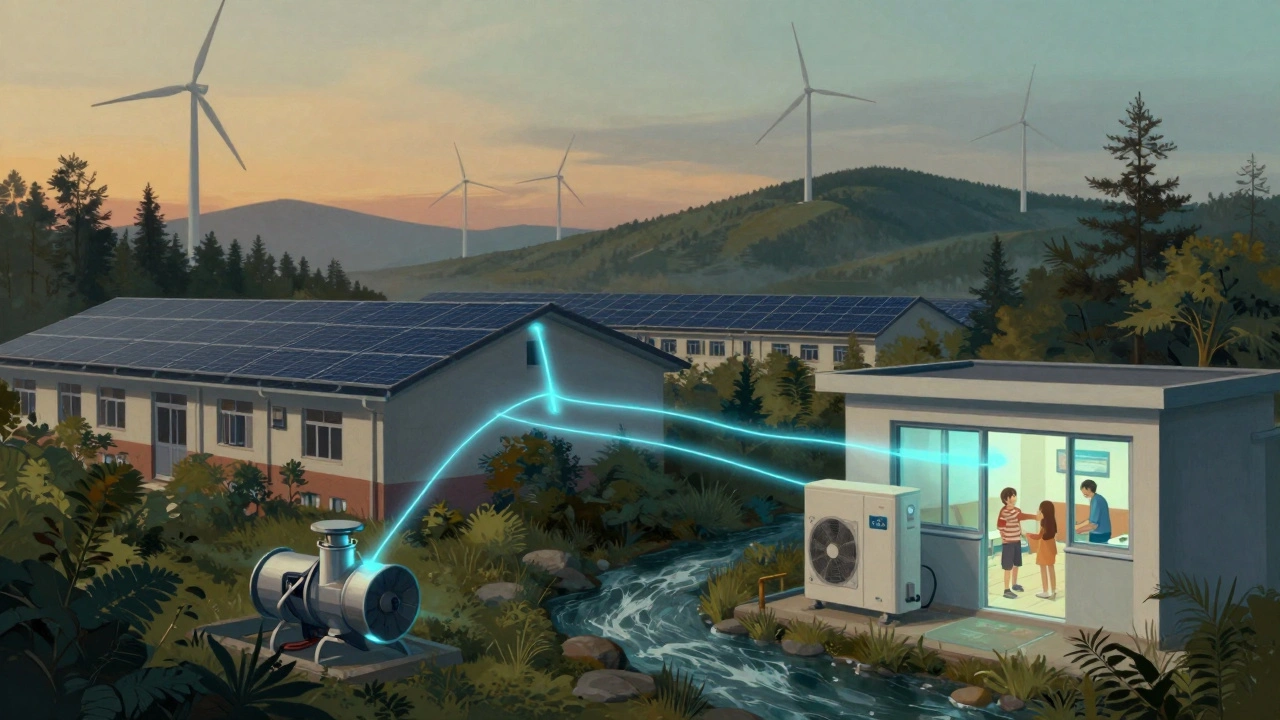 Hybrid clean energy system powering a school, clinic, and homes with glowing energy connections.
