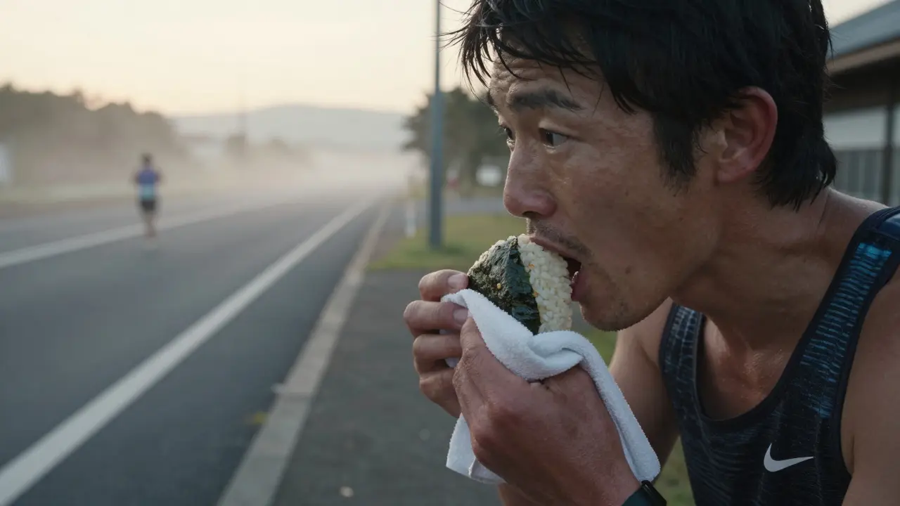 Japanese athlete eating rice balls at dawn before a race