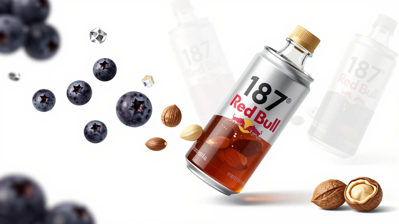 Modern energy drink transforming into historic Kola Krom bottle with natural ingredients floating around.