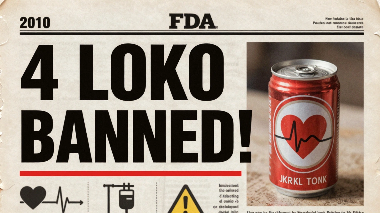 Newspaper headline announcing the 2010 ban of 4 Loko, with medical warning symbols and a blurred drink can.