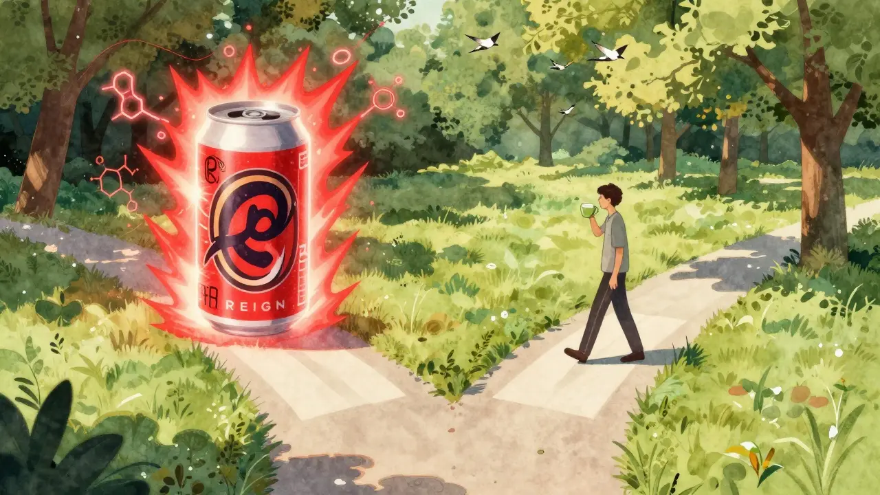 Person choosing between a chemical-laden energy drink and a walk in the park.