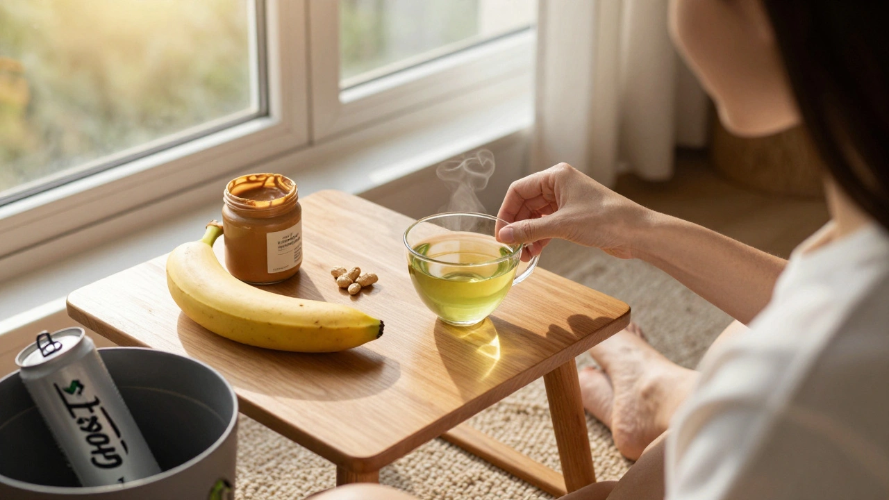 Person drinking green tea at sunrise with banana and peanut butter, discarded energy drink can in background