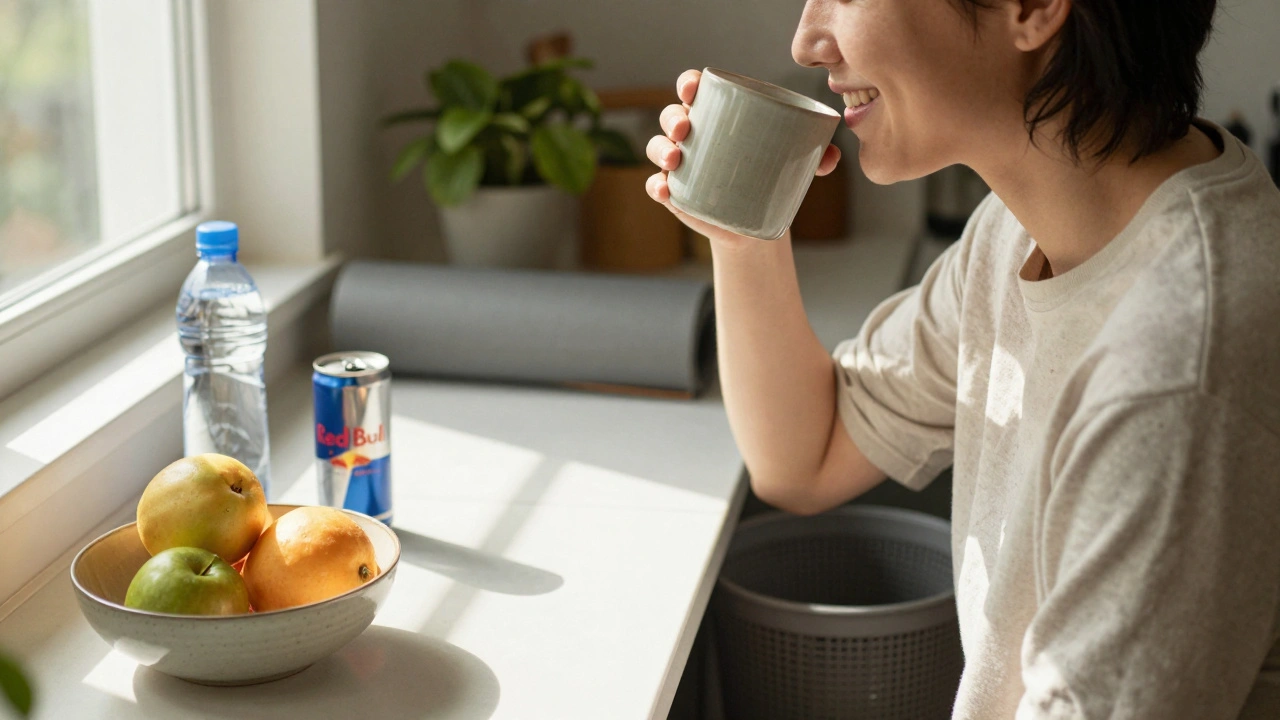 Person drinking green tea in sunlight with fruit and water nearby, Red Bull in trash behind.