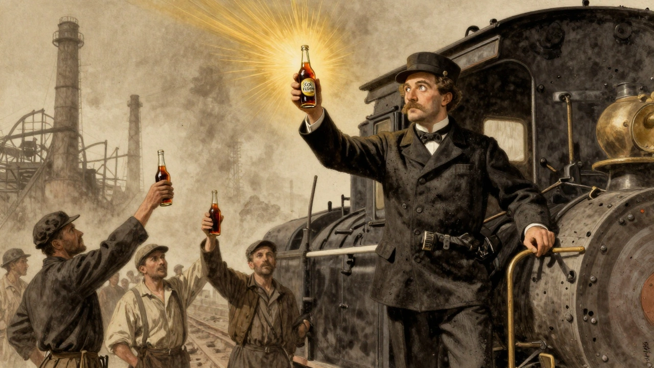 Railroad conductor holding Kola Krom bottle with energizing golden light radiating from it.