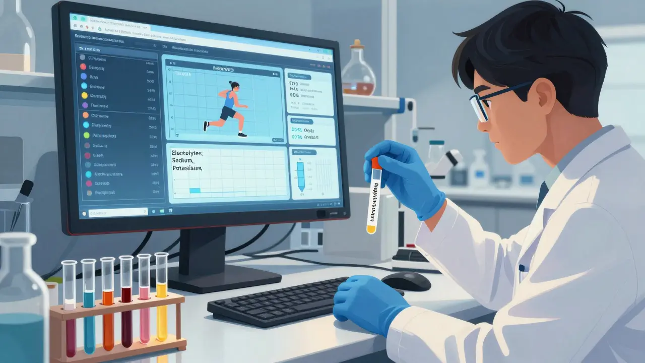 Scientists analyzing electrolyte composition in a lab with data monitor