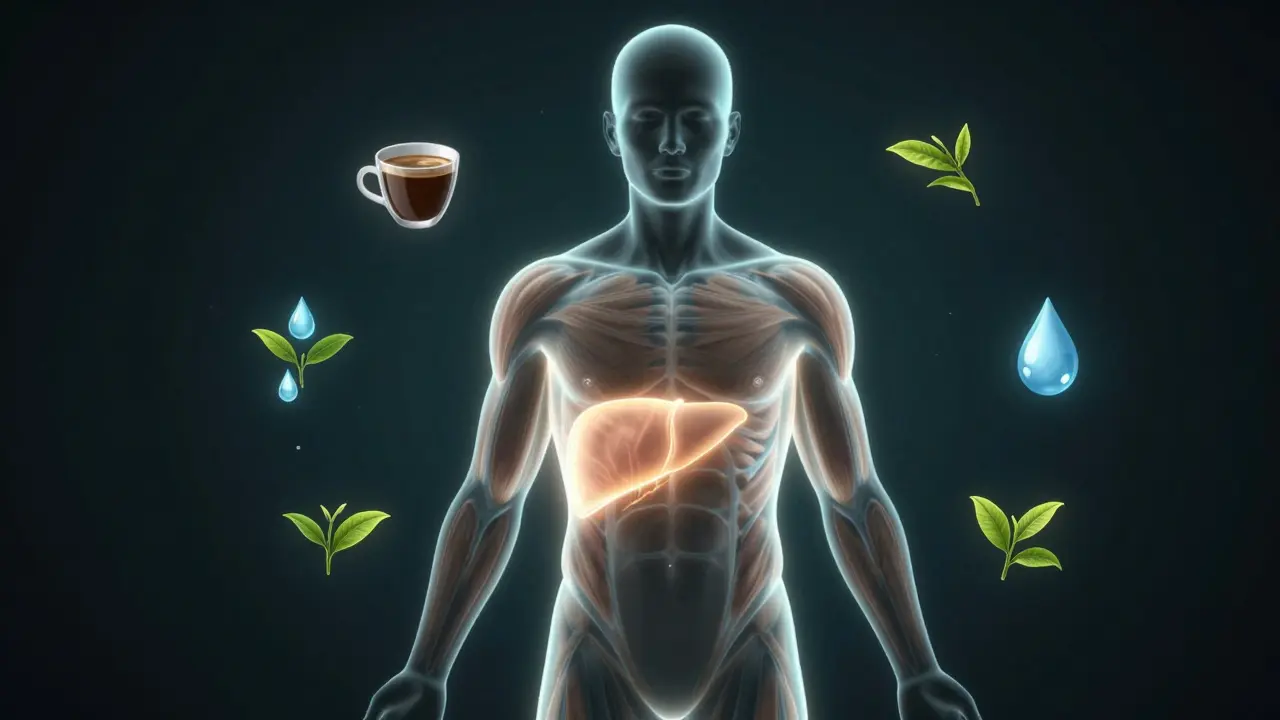 Silhouette with a metabolic heatmap showing energy flow, surrounded by caffeine, green tea, and water symbols.