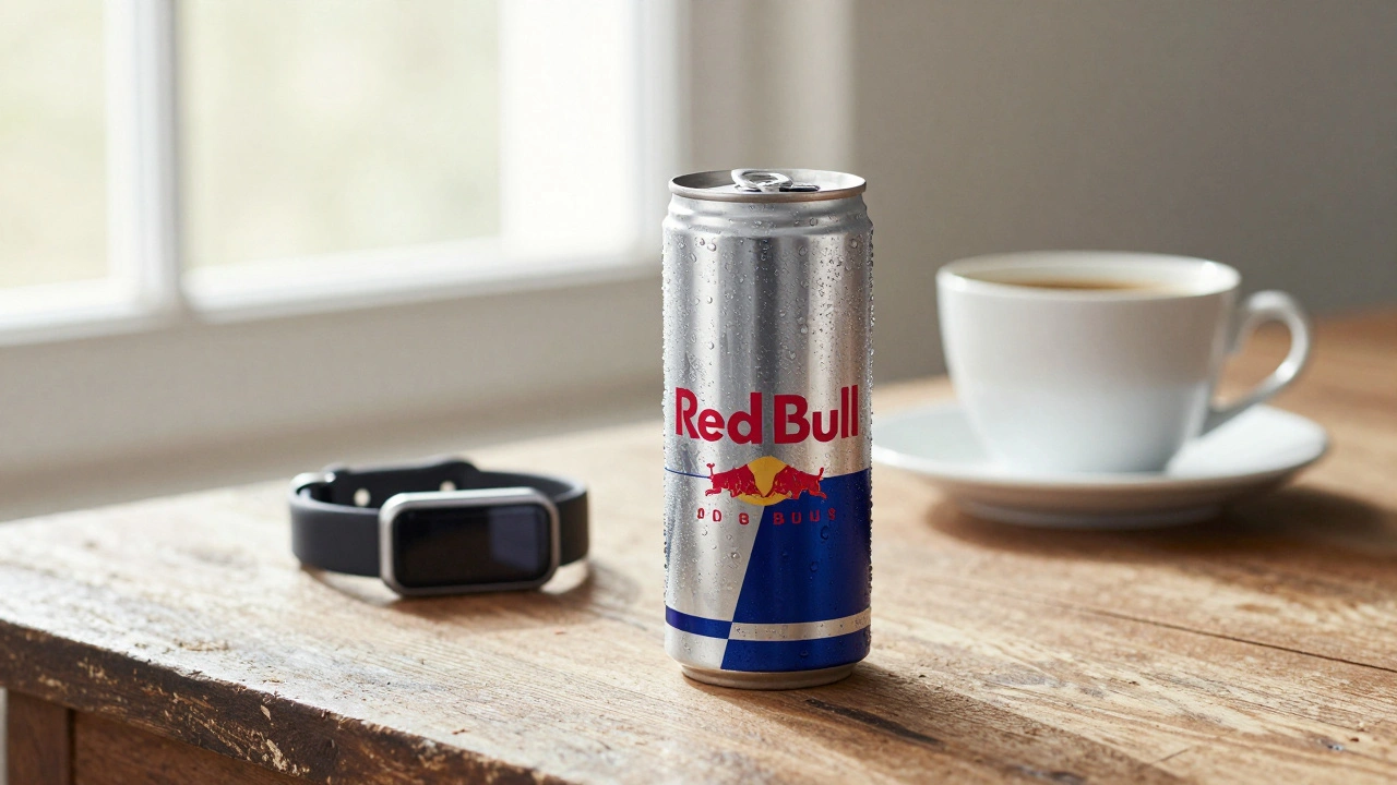 Single Red Bull can beside coffee and fitness tracker with sports reflections on its surface.
