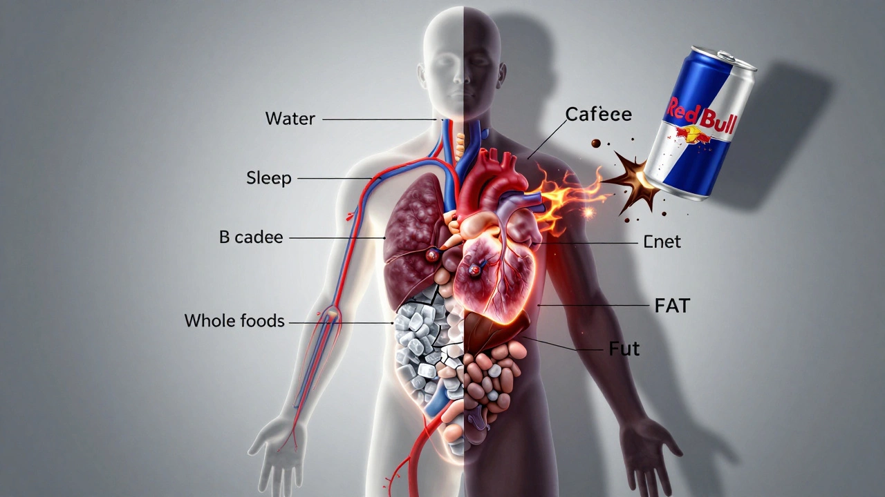 Split-body illustration showing health on one side and energy drink damage on the other.