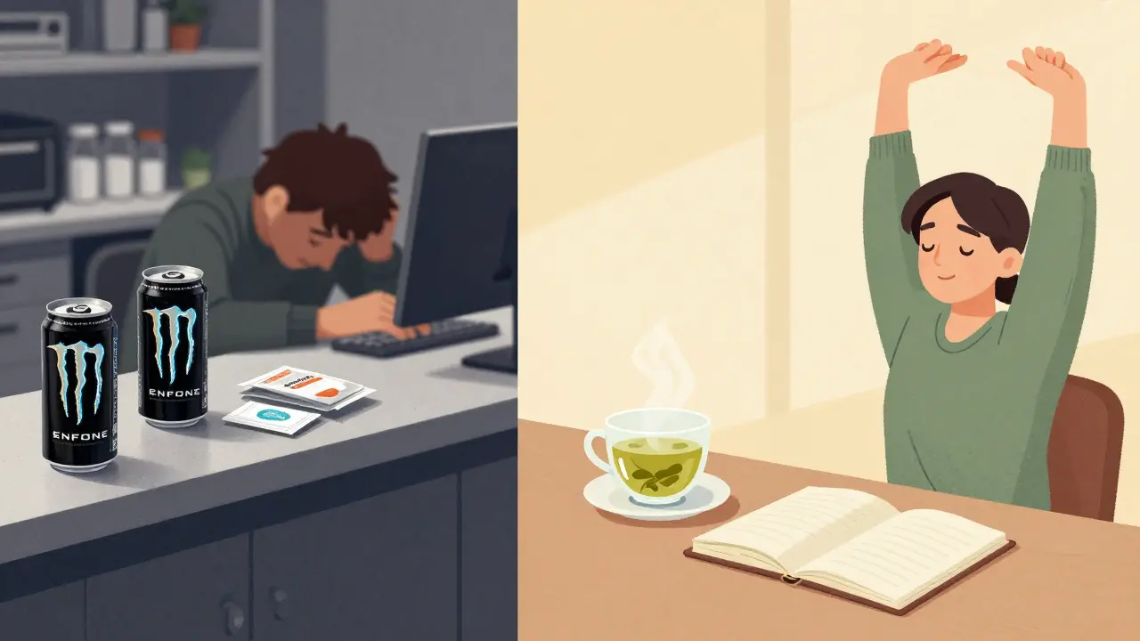 Split image: chaotic energy drinks on one side, calm green tea on the other, symbolizing hype vs. science.