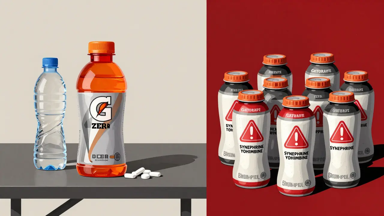 Split image: safe hydration options vs. banned energy drink ingredients with warning symbols.