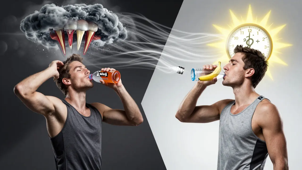 Split image: sugary sports drink with negative health effects vs. water and banana with positive outcomes.