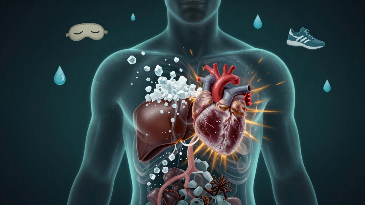 Transparent human body showing sugar and caffeine affecting the liver and heart.