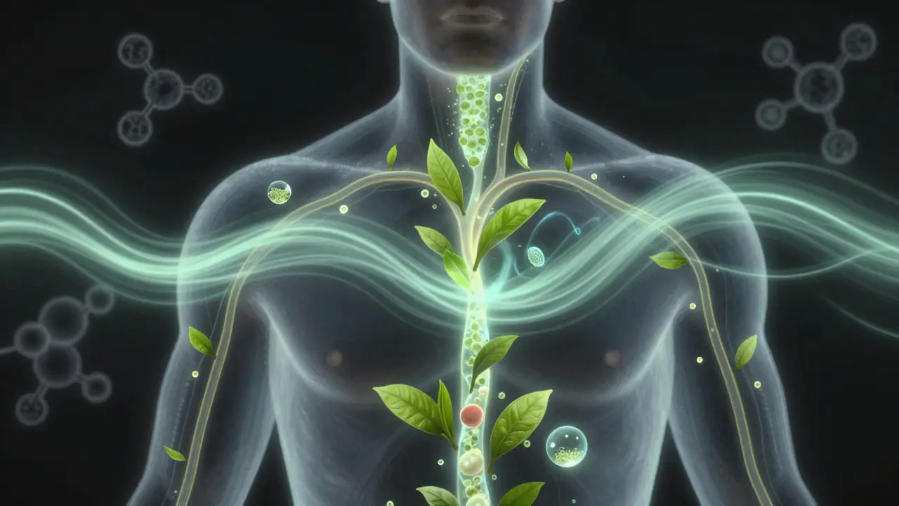 Transparent human body with glowing energy pathways fueled by matcha and probiotics, scientific illustration style.