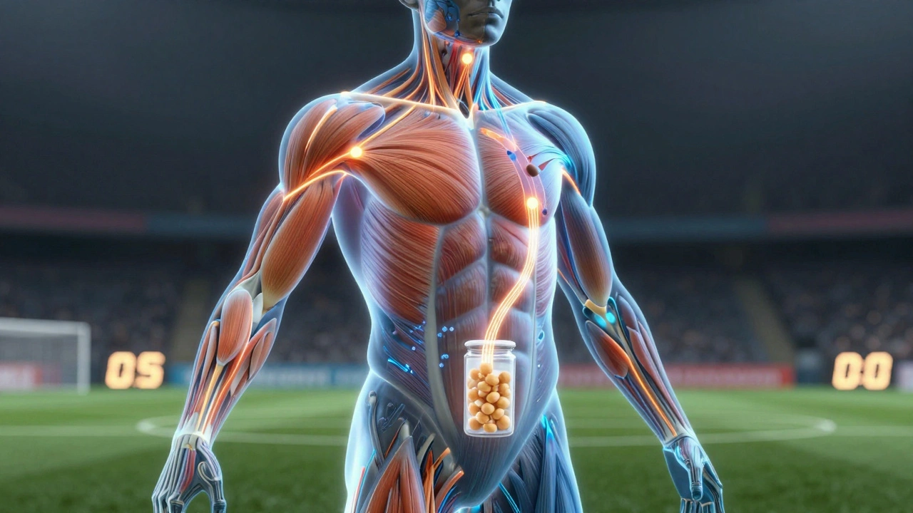 Transparent human body with glowing pathways showing carbohydrate and electrolyte absorption during athletic performance.