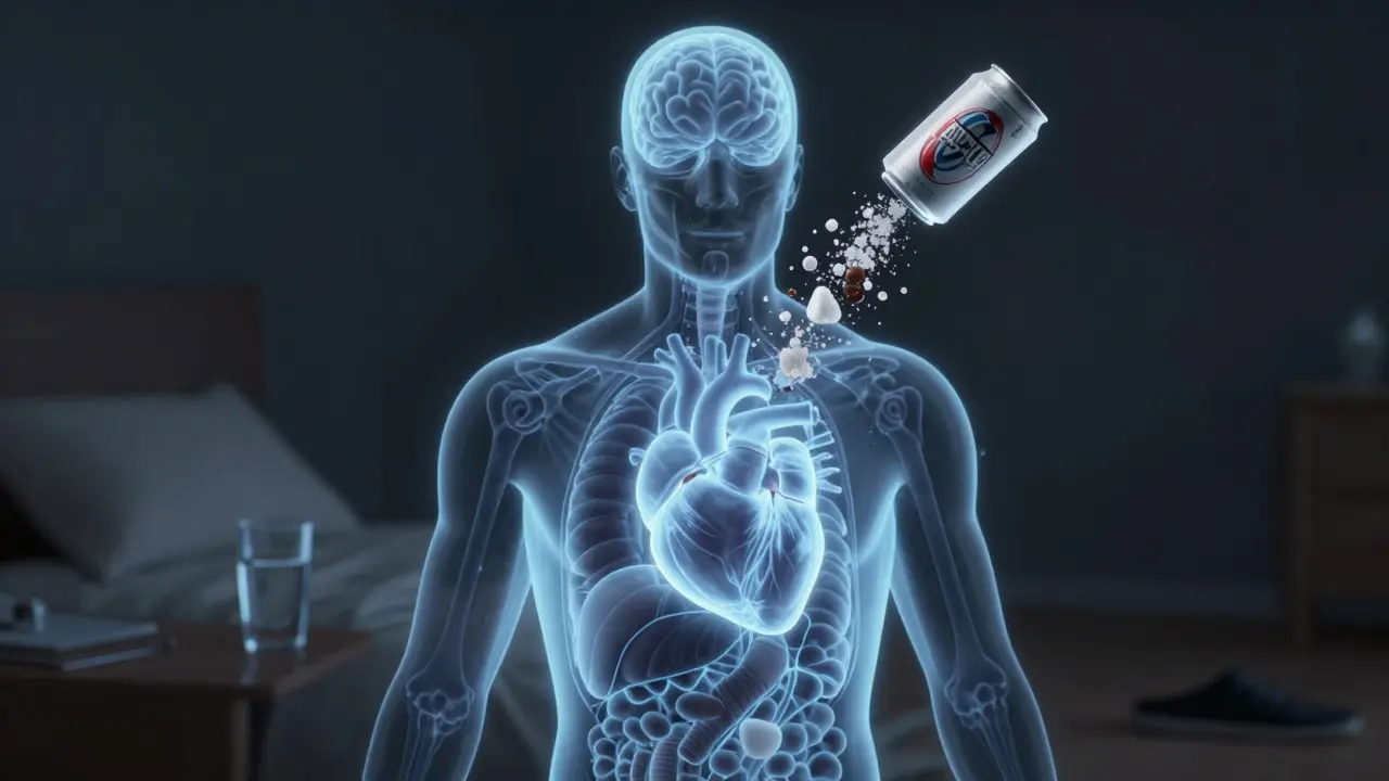 Transparent human torso with energy drink ingredients dissolving away, calm organs glowing.