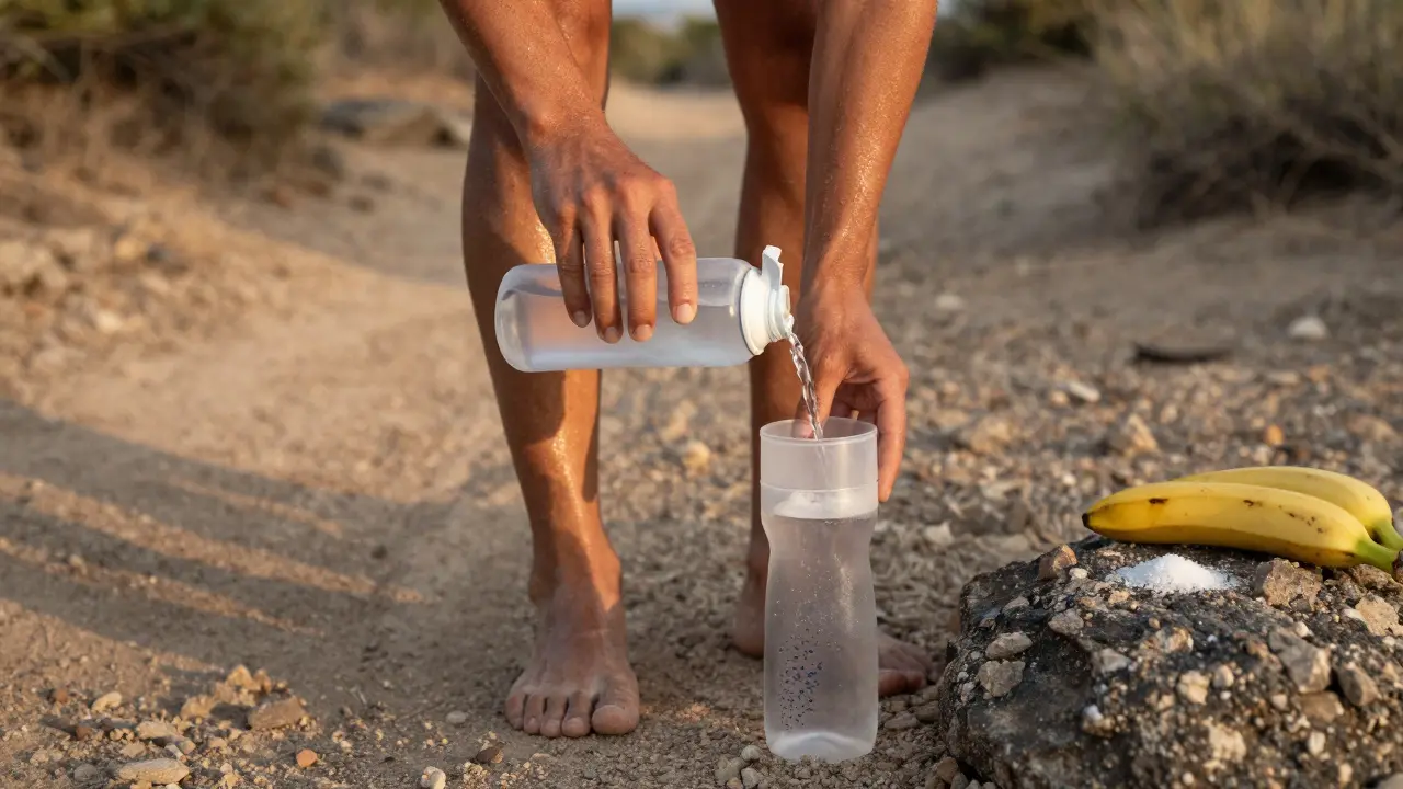 Triathlete pouring electrolyte powder into water, with banana and sea salt nearby on a trail.