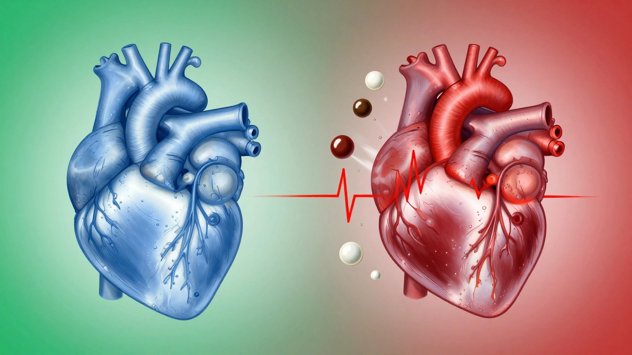 Two side-by-side hearts: one healthy, one racing with electrical spikes from caffeine and taurine.
