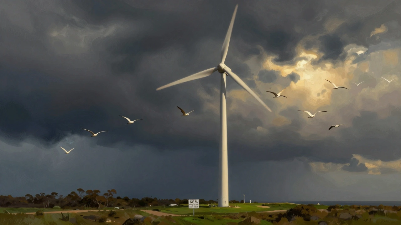 Wind turbine with bird-safe painted blades against a coastal sky, birds flying safely nearby.