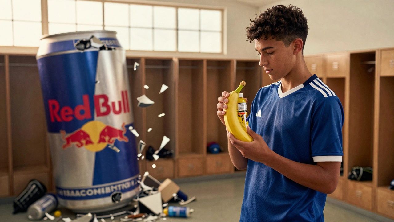 Young athlete holding banana and sports drink while energy drinks lie shattered in background.