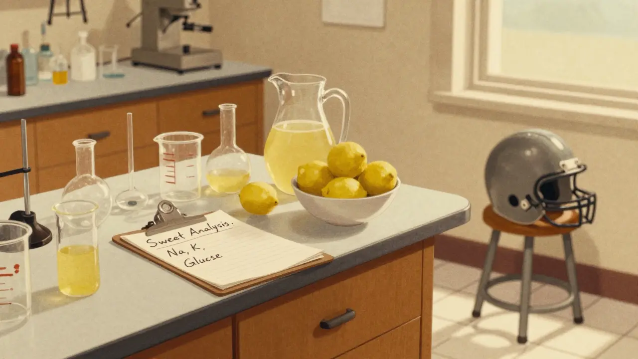 A 1960s kitchen with lab equipment and a pitcher of yellow liquid, football helmet on a stool.