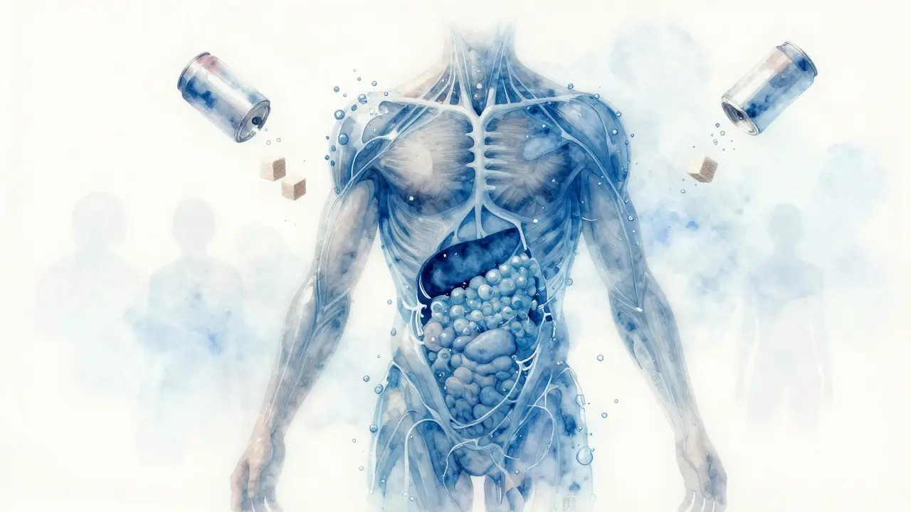 A human body made of flowing water molecules, symbolizing hydration's vital role in health.