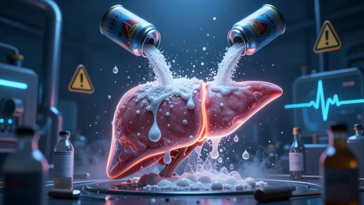 A liver overwhelmed by sugar and artificial sweeteners from energy drinks, showing fat buildup.