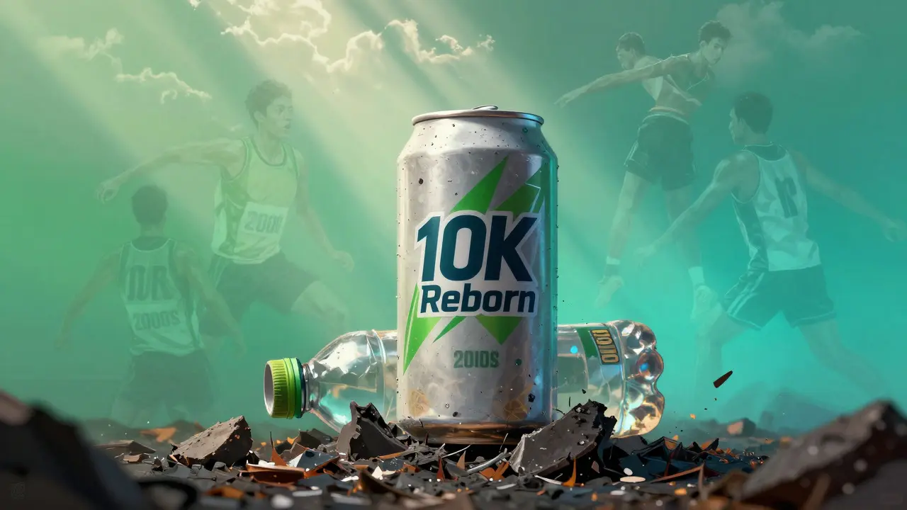 A modern 10K Reborn can rising from the ashes of an old bottle, surrounded by ghostly athlete silhouettes.