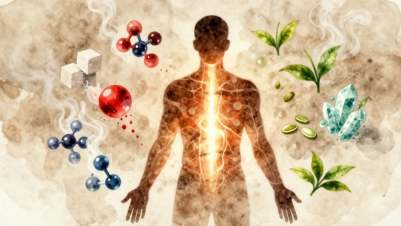 A person surrounded by dissolving sugar and artificial chemicals, replaced by calming natural energy symbols.