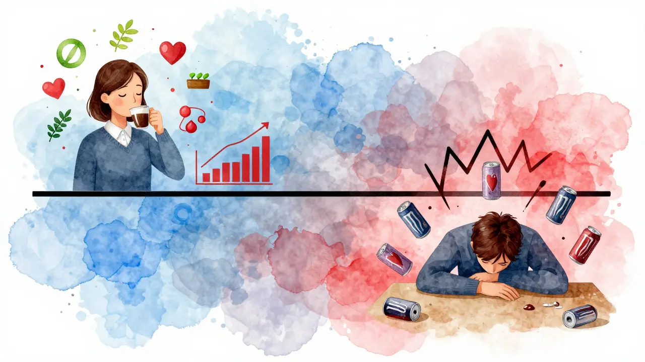 A person transitioning from calm coffee drinker to exhausted figure surrounded by health warning symbols.