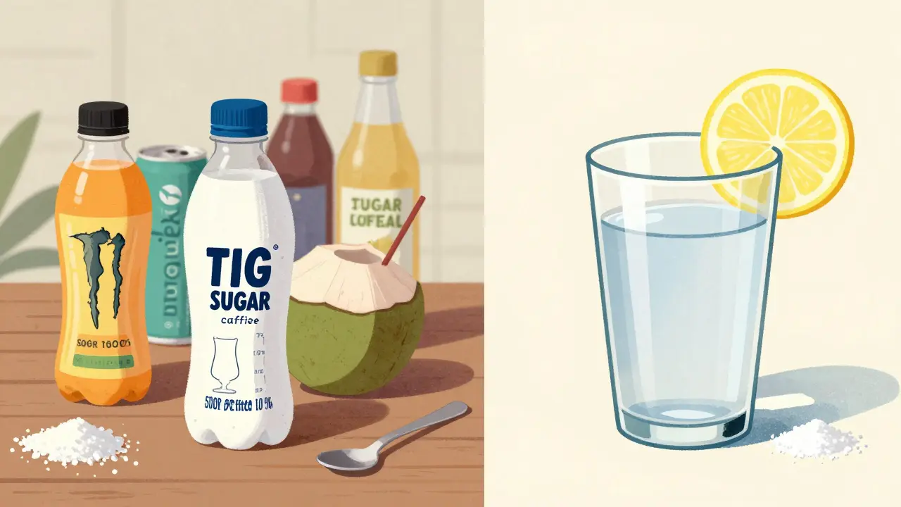 A side-by-side comparison of sugary sports drinks versus a simple glass of water with lemon and salt.