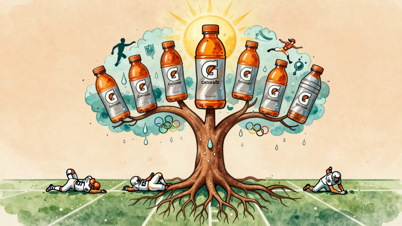A symbolic tree with roots of athletes and branches of Gatorade bottles, growing under golden light.