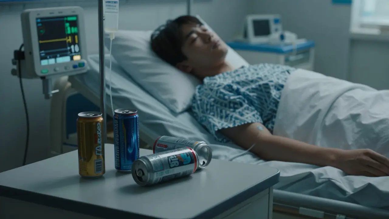 A teenager in a hospital bed with empty energy drink cans falling off the bedside table.