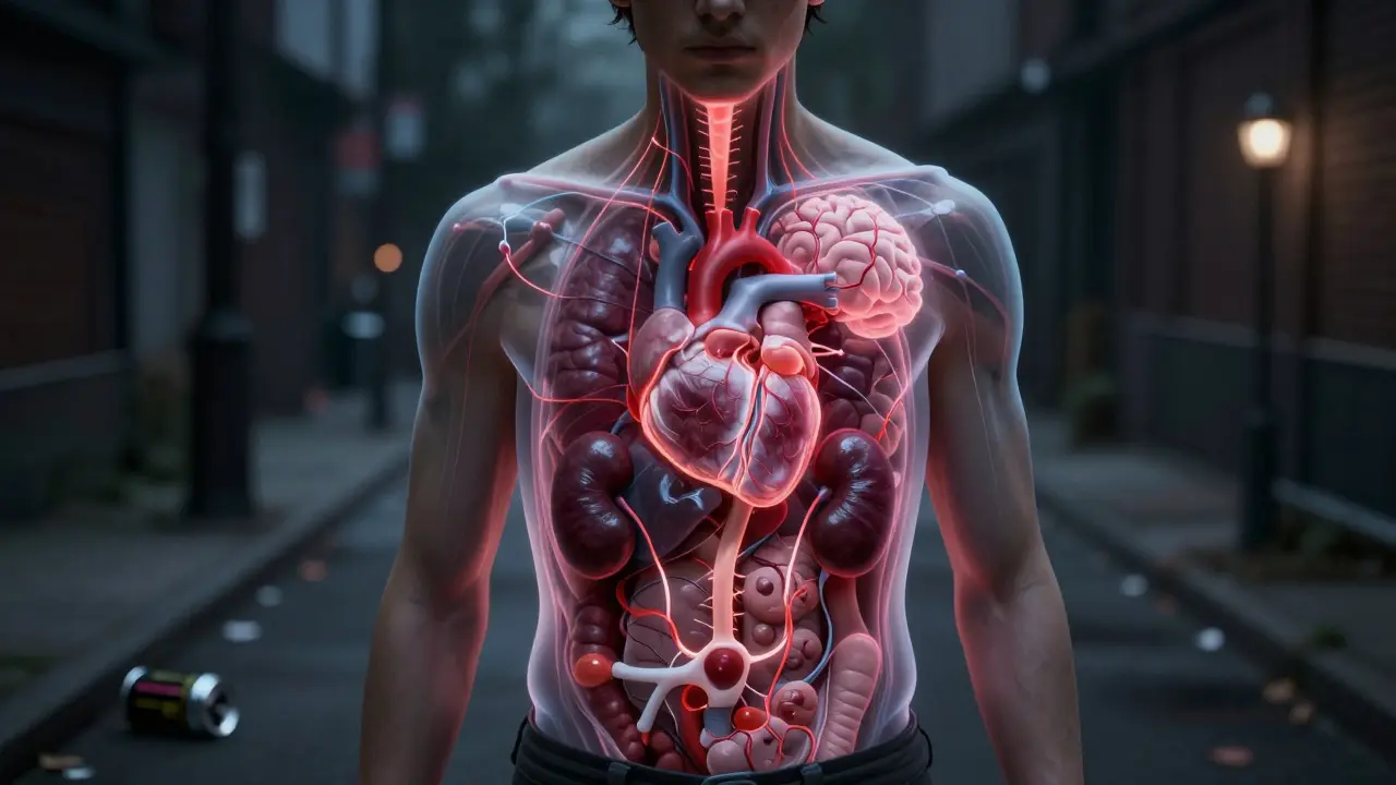 A young adult's body with internal organs under strain from energy drink consumption.
