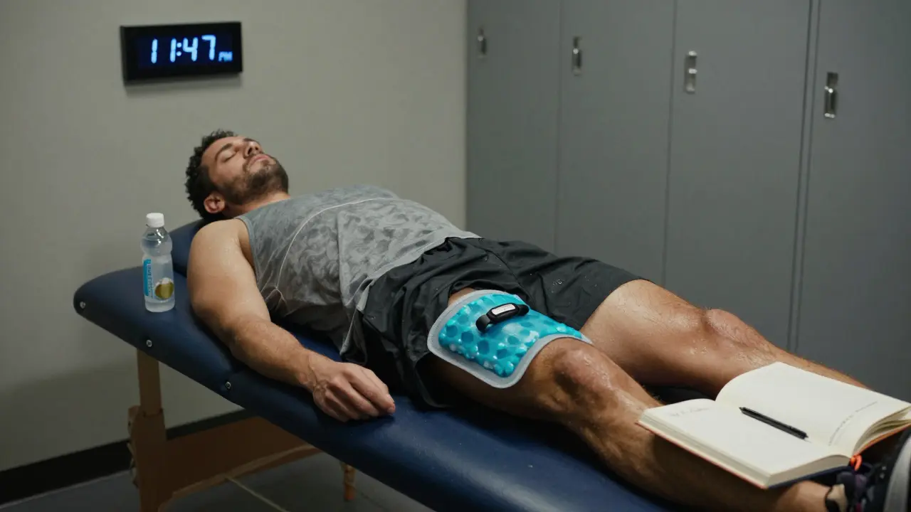Athlete recovering on a table with coconut water and sleep journal visible.