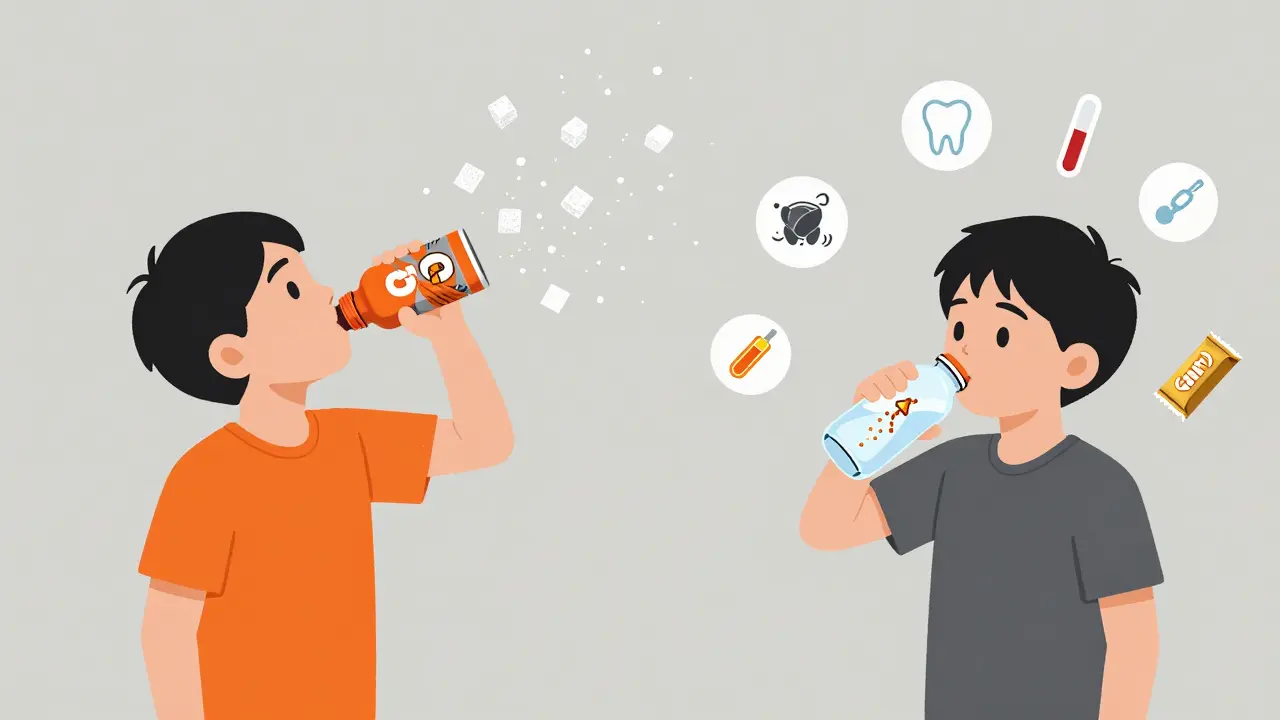 Child drinking Gatorade with sugar cubes falling, compared to child drinking water with electrolyte tablets.