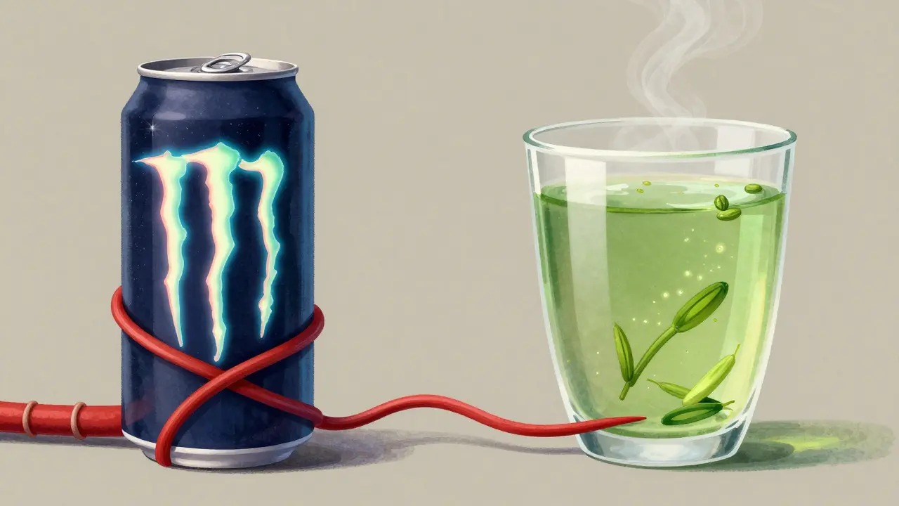 Contrasting drinks: energy can constricting blood vessels vs. green tea gently widening them in artistic illustration.