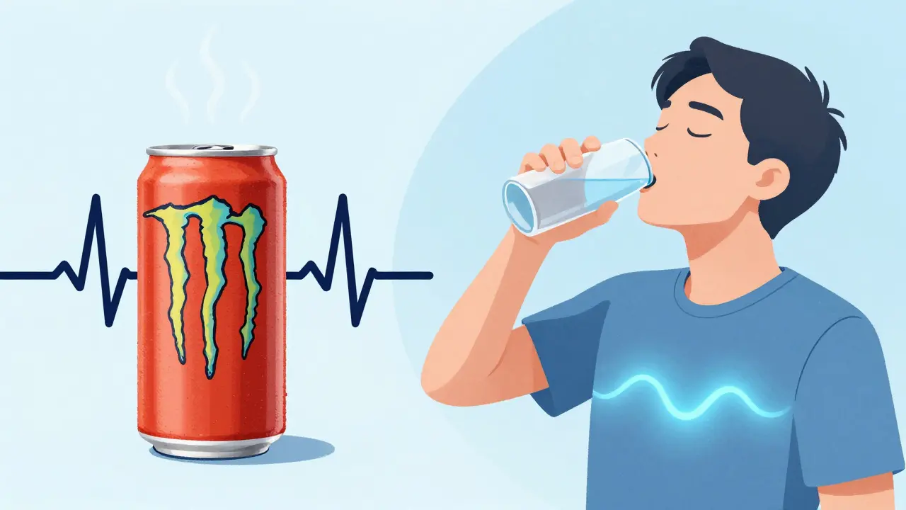 Contrasting image of energy drink chaos and peaceful breathing recovery.