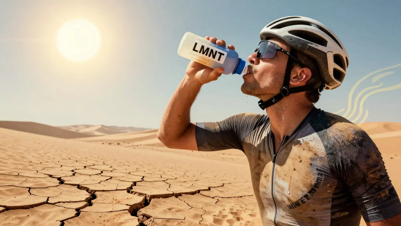 Cyclist in desert heat consuming a high-sodium electrolyte drink under blazing sun.