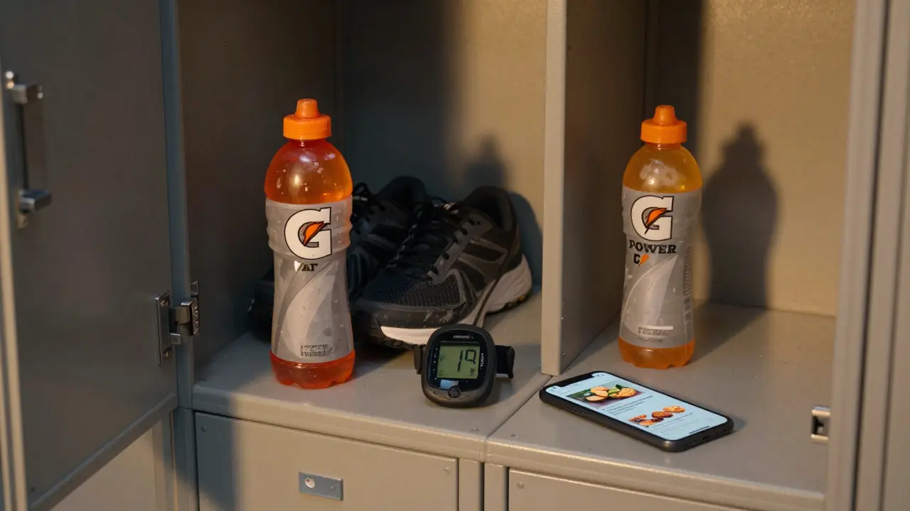 Gym locker with Gatorade beside athletic gear and Powerade next to snack packaging.