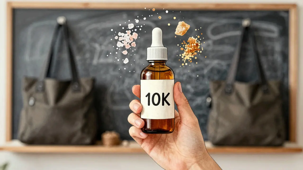 Hand holding a 10K bottle with natural ingredients swirling around it in a watercolor-style illustration.