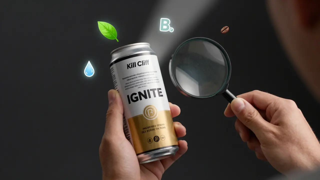 Hand holding an energy drink with magnifying glass revealing clean ingredients like stevia and B vitamins.