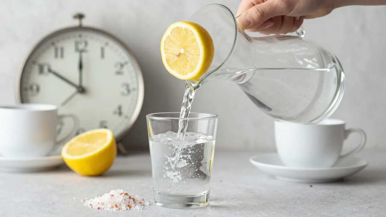 Hand pouring water with lemon and sea salt into a glass, beside a pile of natural salt crystals.