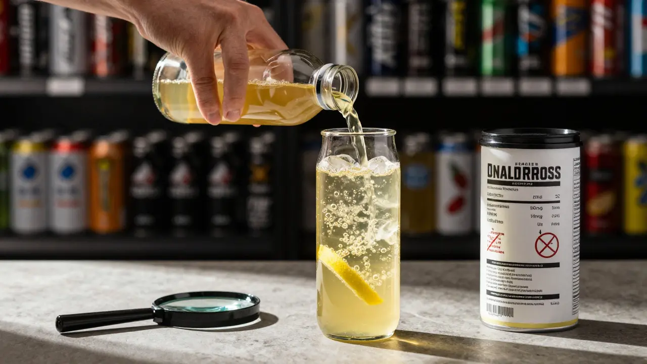 Hands pouring homemade clean energy drink with magnifying glass over safe ingredients on label.