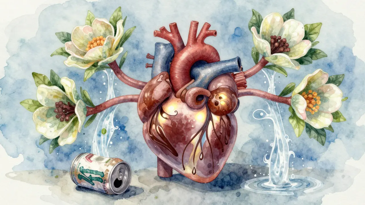 Heart with blooming arteries nourished by water, dark chocolate, and greens, while an energy drink fades in shadow.
