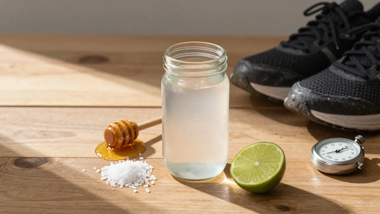 Homemade hydration drink with salt, honey, and lime on a wooden table beside running gear.
