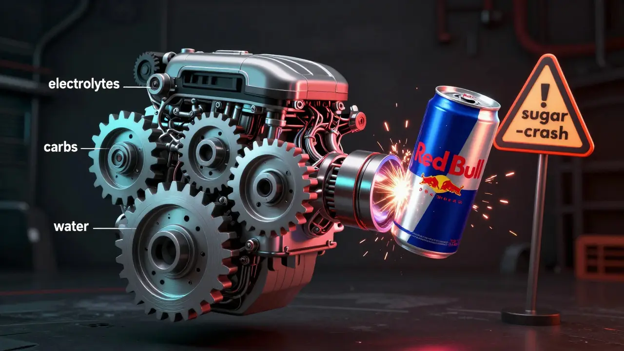 Human body as an engine with proper fuel on one side, Red Bull causing sparks on the other.