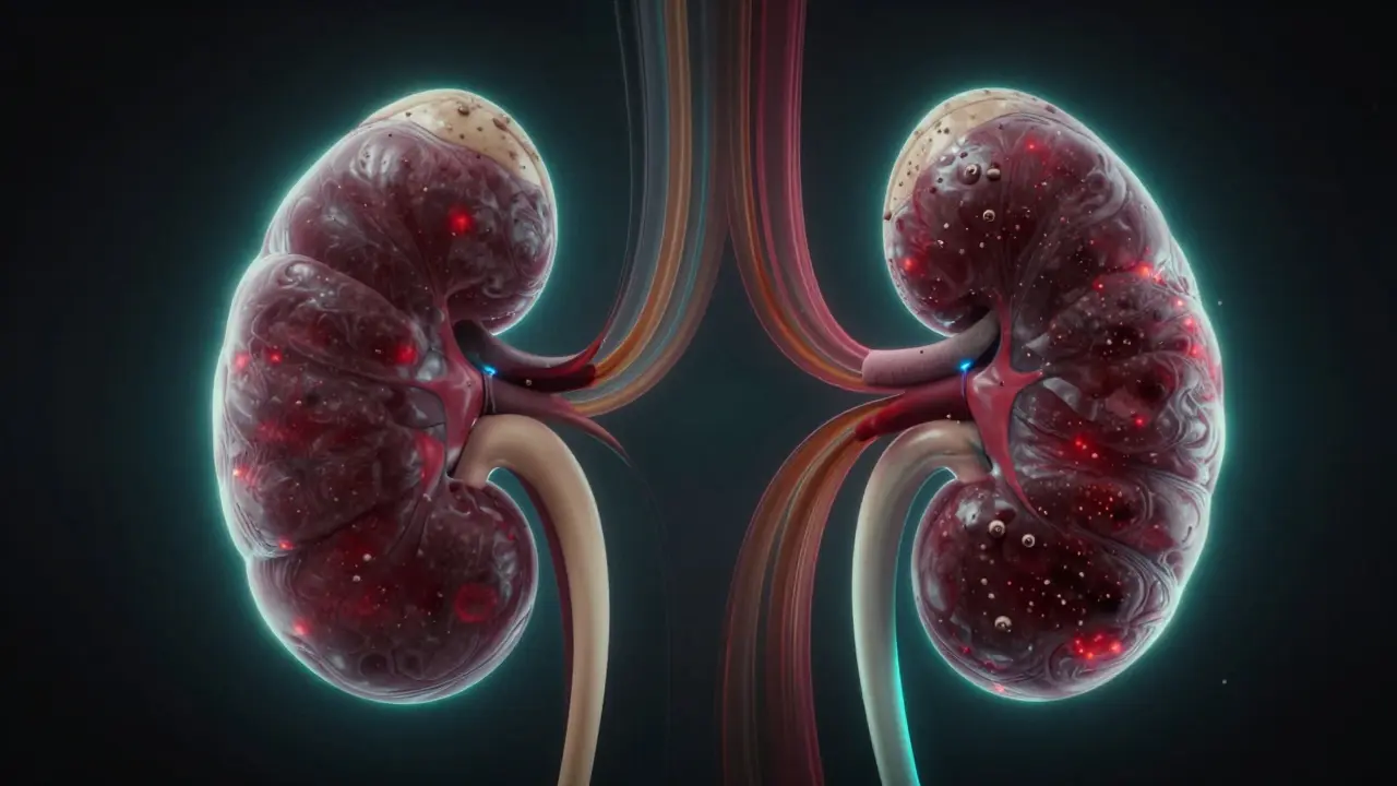 Human kidneys shown as filtration systems, one healthy and one overloaded with energy drink ingredients.
